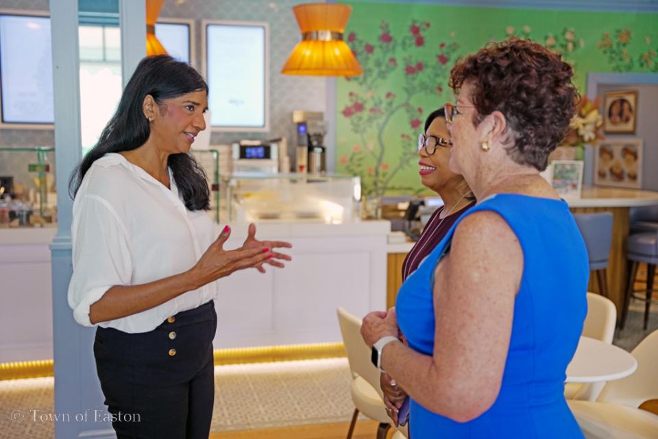 Lt. Governor Miller discusses projects with Easton Town Council Member Maureen Curry and Talbot County Council Member Keasha Haythe