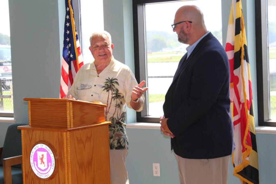 Former Airport Manager Mike Henry offers kinds words and kudos to Micah Risher for his continued leadership of the Easton Airport.