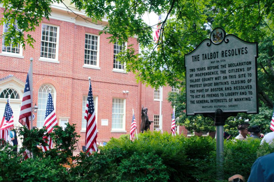 The Talbot Resolves historical marker was erected by the Maryland Historical Society on the Talbot County Court House lawn.