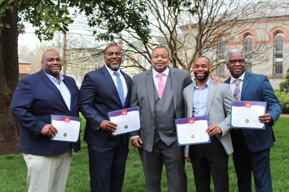 From left to right: From left: Alan Lynch, Portside Grille, LLC; Dr. James Bell Jr., Bell Education Solutions; Will Holmes, WHC; Andre Gibson Jr., Shore Awareness Self-Defense; and Gregory Harris, Harris Event Security