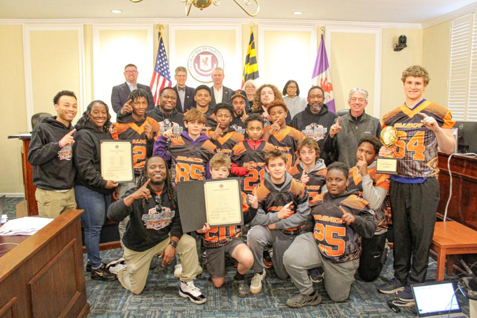 The 2023 13U Talbot Braves Football Team recieves a Certificate of Recognition from County Council for the AYF Big East/Bayside Conference/Division II State Championship.